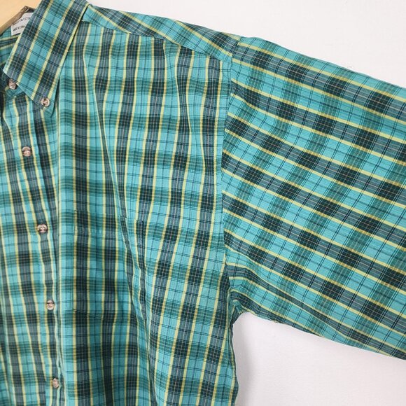 Vtg Cotton Plaid Long Sleeve Collared Button Down Shirt Turquoise Green Yellow - Picture 7 of 16